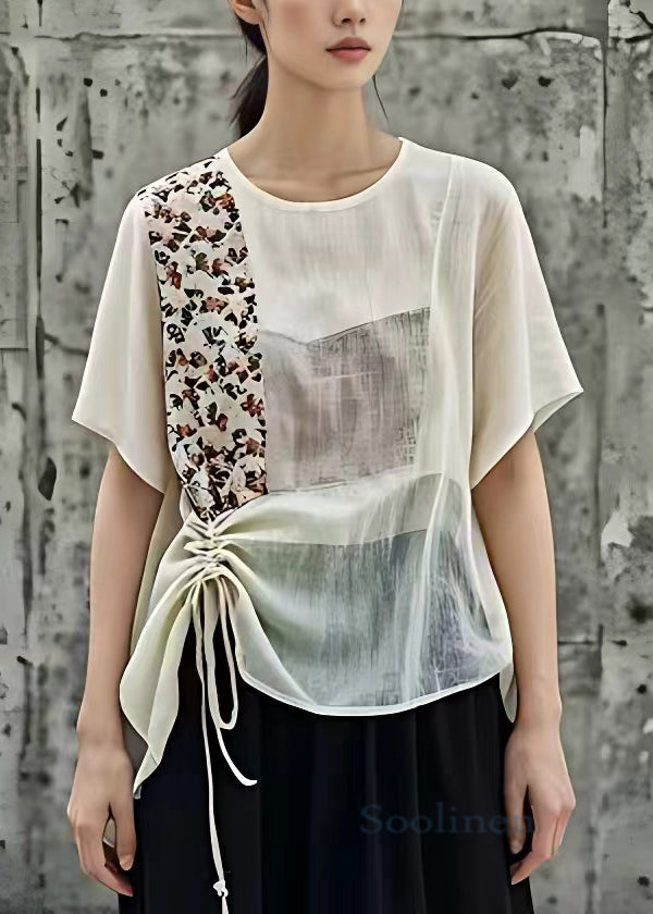 New Beige O-neck Print Lace Up Cotton Shirt Short Sleeve