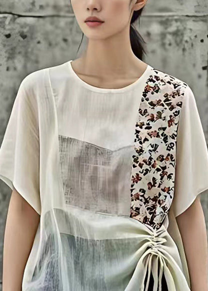New Beige O-neck Print Lace Up Cotton Shirt Short Sleeve
