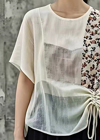New Beige O-neck Print Lace Up Cotton Shirt Short Sleeve