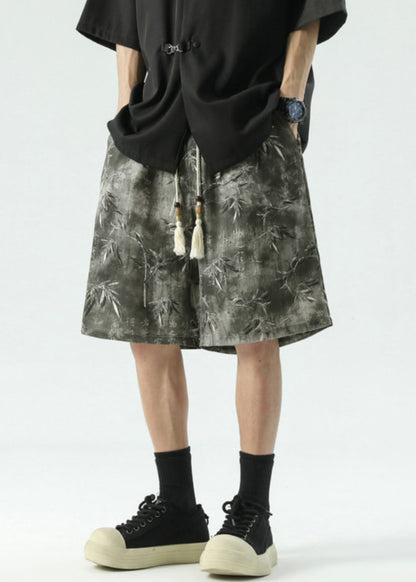 New Beige Print Lace Up Ice Silk Summer Beach Shorts