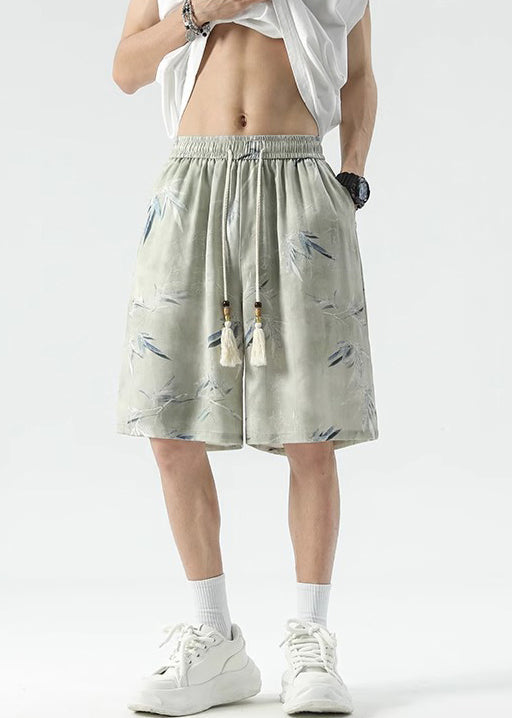 New Beige Print Lace Up Ice Silk Summer Beach Shorts