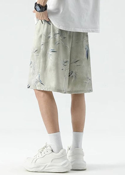 New Beige Print Lace Up Ice Silk Summer Beach Shorts