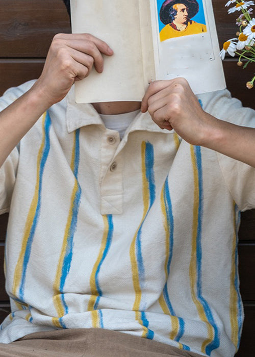 New Beige Striped Button Cotton Shirts Summer