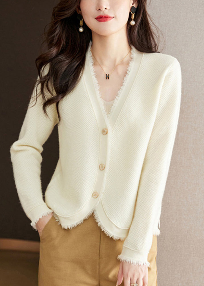 New Beige V Neck Button Wool Knit Cardigan Spring