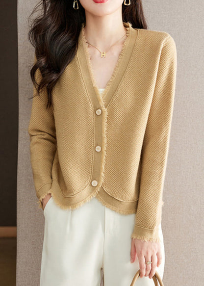 New Beige V Neck Button Wool Knit Cardigan Spring