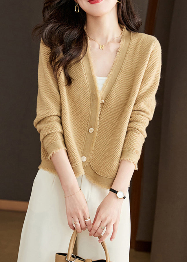 New Beige V Neck Button Wool Knit Cardigan Spring