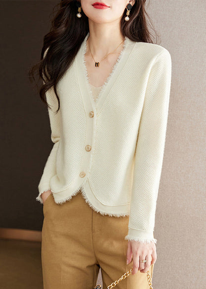New Beige V Neck Button Wool Knit Cardigan Spring