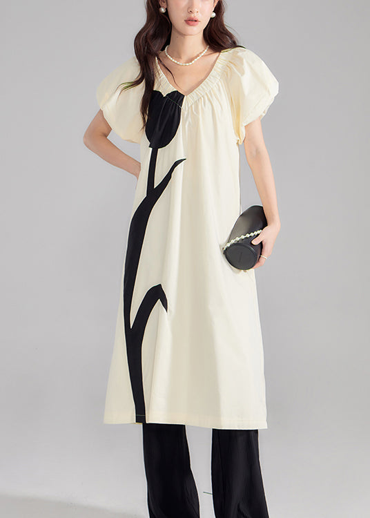 New Beige V Neck Print Cotton Dresses Summer
