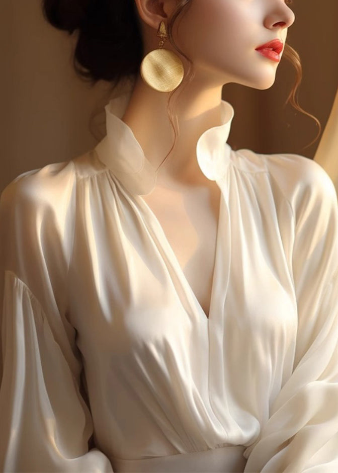 New Beige V Neck Spandex Top Long Sleeve