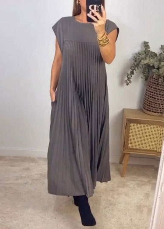 New Beige Wrinkled Pockets Long Dress Summer