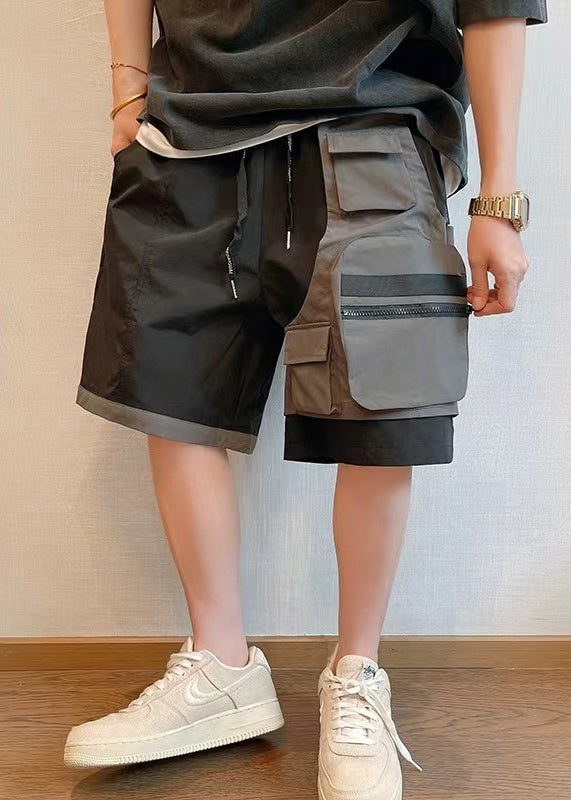 New Black Asymmetrical Pockets Patchwork Cotton Shorts Summer