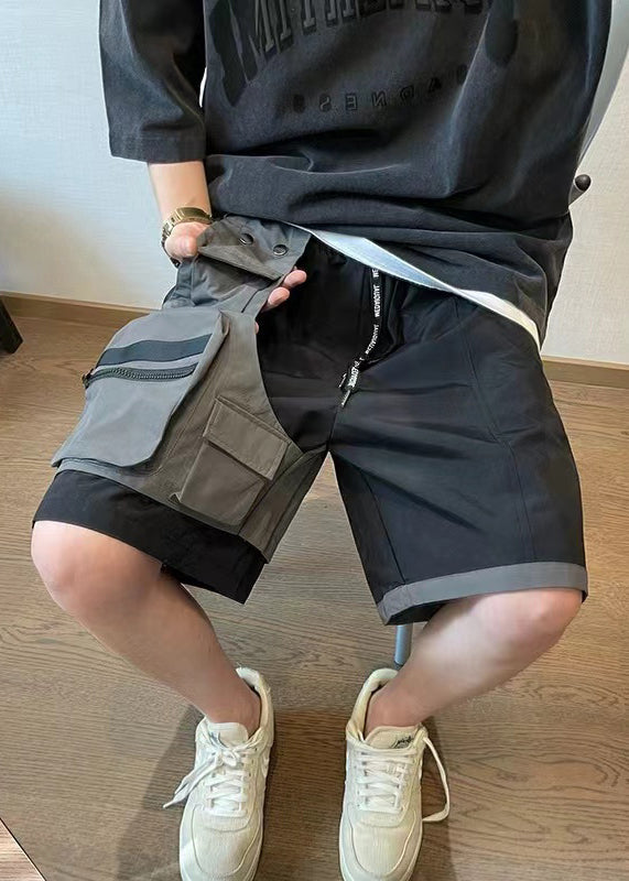 New Black Asymmetrical Pockets Patchwork Cotton Shorts Summer
