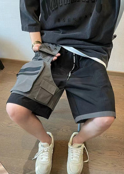 New Black Asymmetrical Pockets Patchwork Cotton Shorts Summer