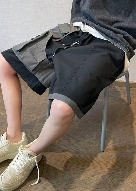 New Black Asymmetrical Pockets Patchwork Cotton Shorts Summer