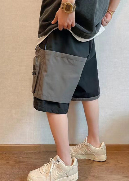 New Black Asymmetrical Pockets Patchwork Cotton Shorts Summer