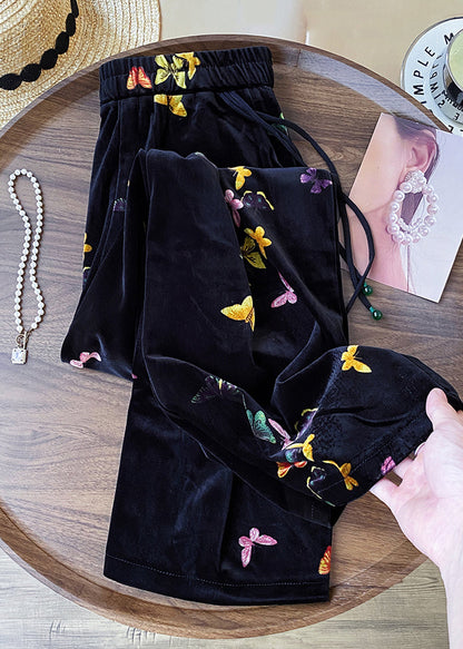New Black Butterfly Elastic Waist Silk Velvet Straight Pants Spring