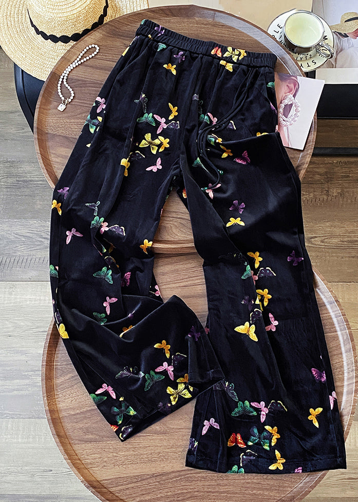New Black Butterfly Elastic Waist Silk Velvet Straight Pants Spring