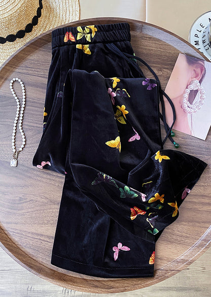 New Black Butterfly Elastic Waist Silk Velvet Straight Pants Spring