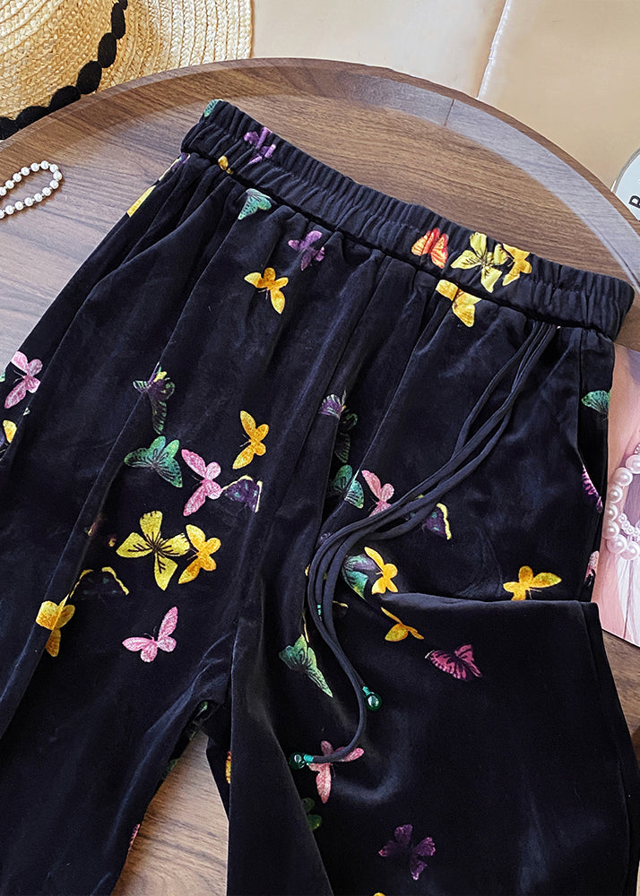 New Black Butterfly Elastic Waist Silk Velvet Straight Pants Spring