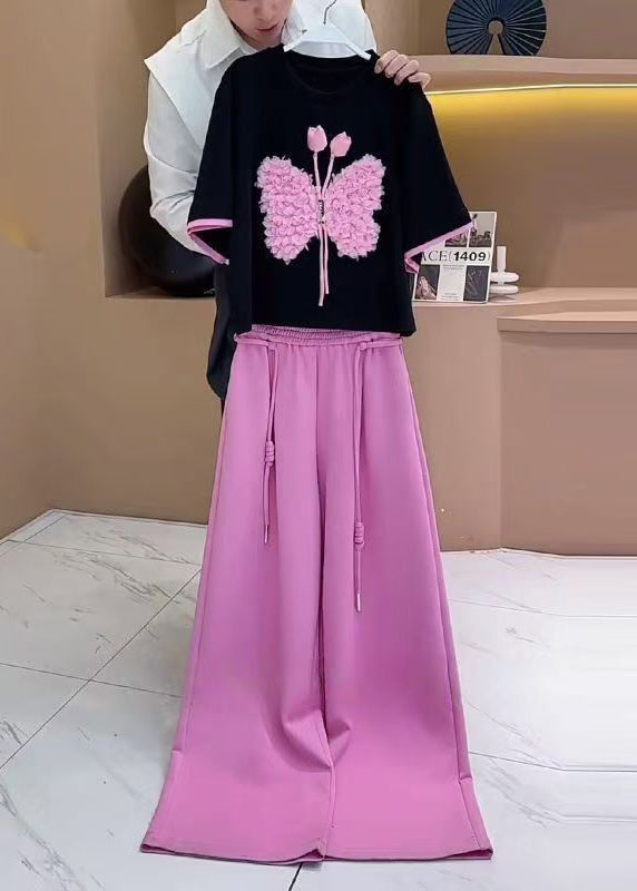 New Black Butterfly T Shirt and Pink Pants Cotton Two-piece Set Summer