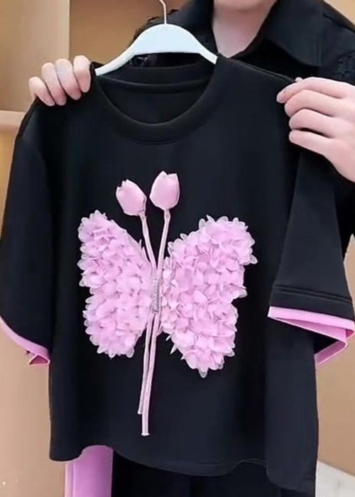 New Black Butterfly T Shirt and Pink Pants Cotton Two-piece Set Summer