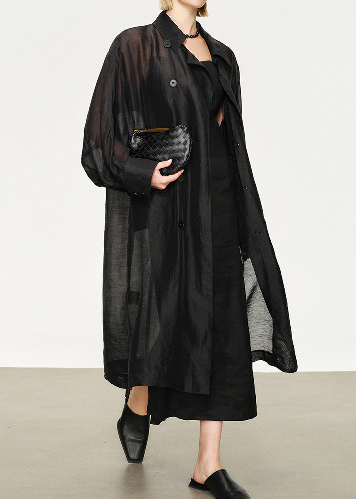 New Black Button Pockets Linen Silk Long Trench Coat Batwing Sleeve