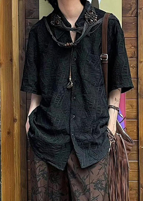 New Black Button Cotton Shirts Half Sleeve