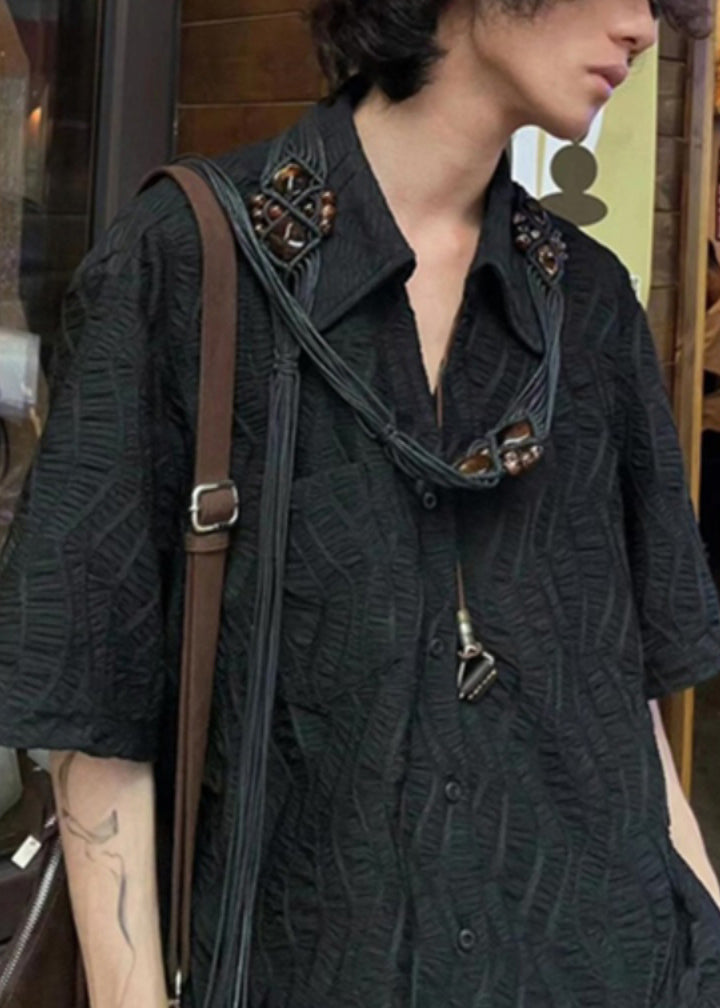 New Black Button Cotton Shirts Half Sleeve