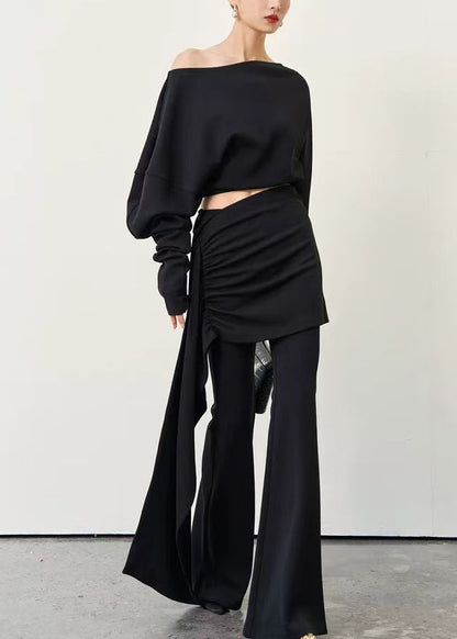 New Black Cold Shoulder T Shirt and Flared Trousers Cotton Two Pieces Set Batwing Sleeve
