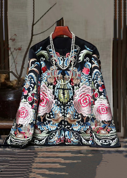 New Black Print Chinese Button Silk Coats Spring