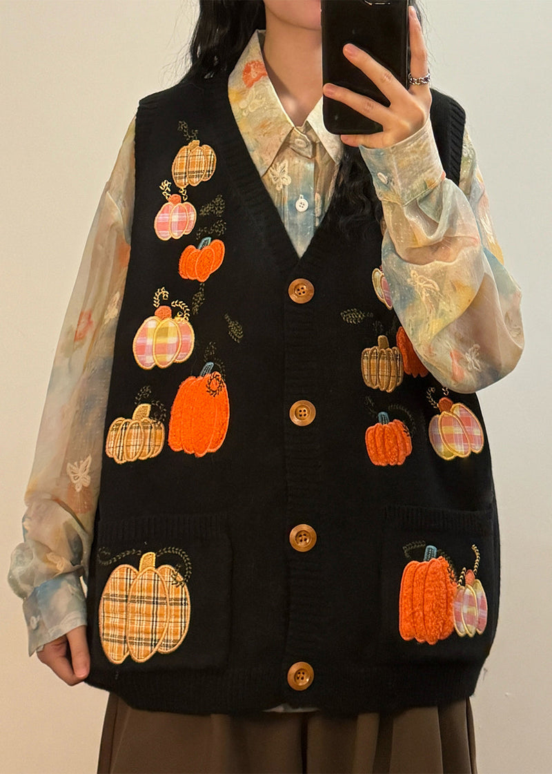 New Black Embroidered Pumpkin Button Knit Waistcoat Spring