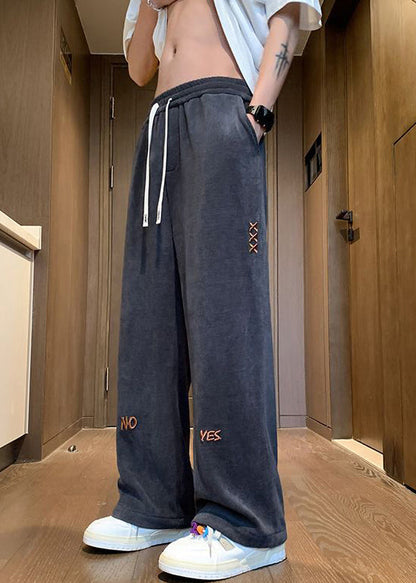 New Black Embroideried Elastic Waist Corduroy Wide Leg Pants Spring
