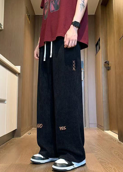 New Black Embroideried Elastic Waist Corduroy Wide Leg Pants Spring