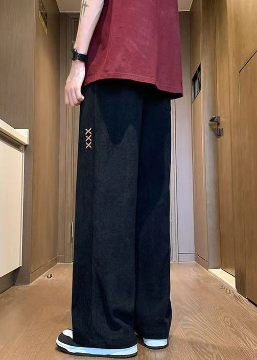 New Black Embroideried Elastic Waist Corduroy Wide Leg Pants Spring