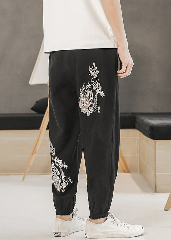 New Black Embroideried Elastic Waist Cotton Beam Pants Summer