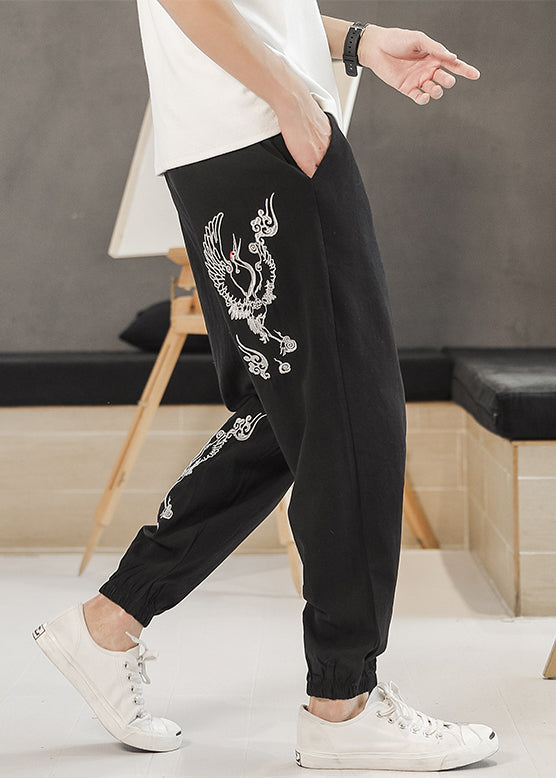 New Black Embroideried Elastic Waist Cotton Beam Pants Summer