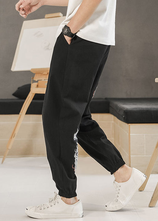 New Black Embroideried Elastic Waist Cotton Beam Pants Summer