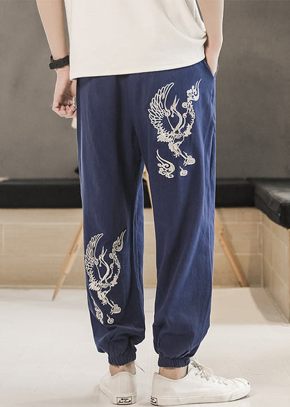 New Black Embroideried Elastic Waist Cotton Beam Pants Summer