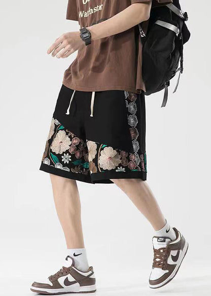 New Black Embroideried Elastic Waist Cotton Shorts Long Summer