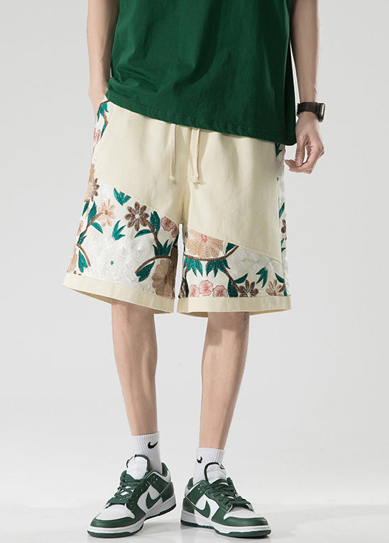 New Black Embroideried Elastic Waist Cotton Shorts Long Summer
