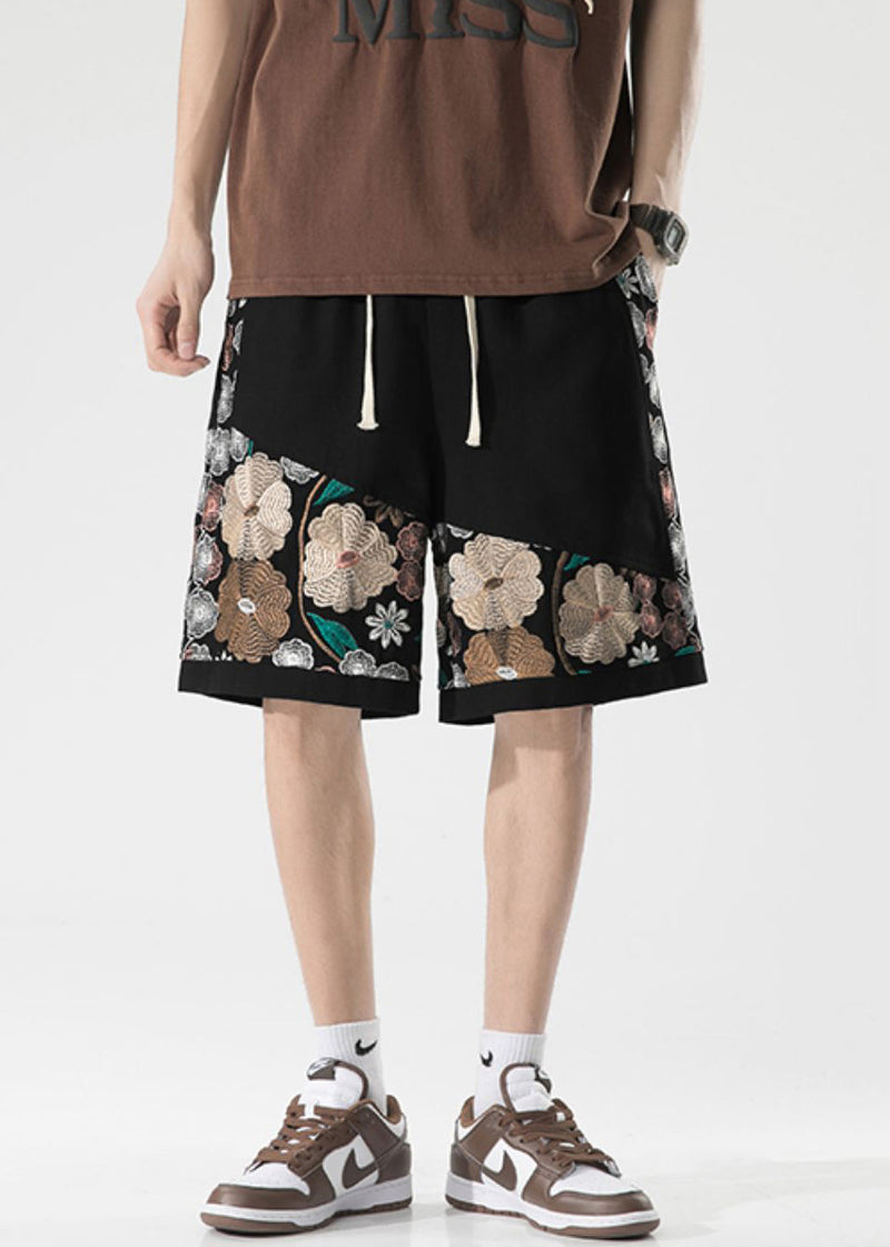 New Black Embroideried Elastic Waist Cotton Shorts Long Summer