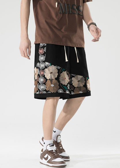 New Black Embroideried Elastic Waist Cotton Shorts Long Summer