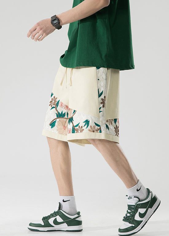 New Black Embroideried Elastic Waist Cotton Shorts Long Summer