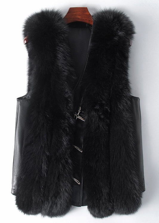 New Black Fox Collar Button Patchwork Leather and Fur Waistcoat Sleeveless
