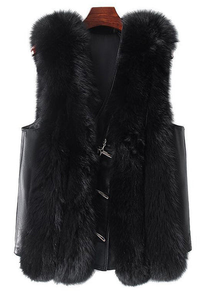New Black Fox Collar Button Patchwork Leather and Fur Waistcoat Sleeveless