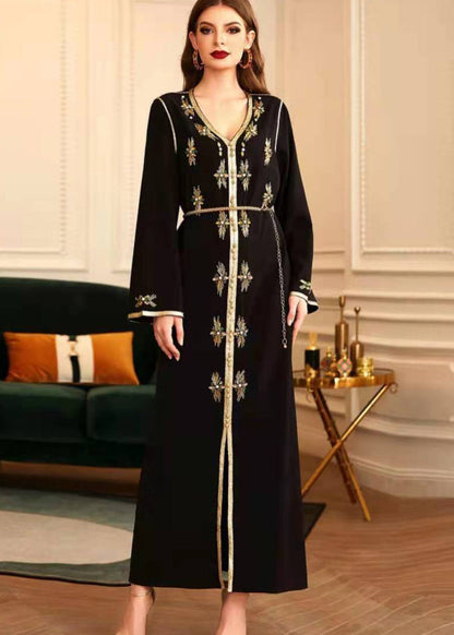 New Black Hand-stitched Phnom Penh V-neck Rhinestone Party Dress