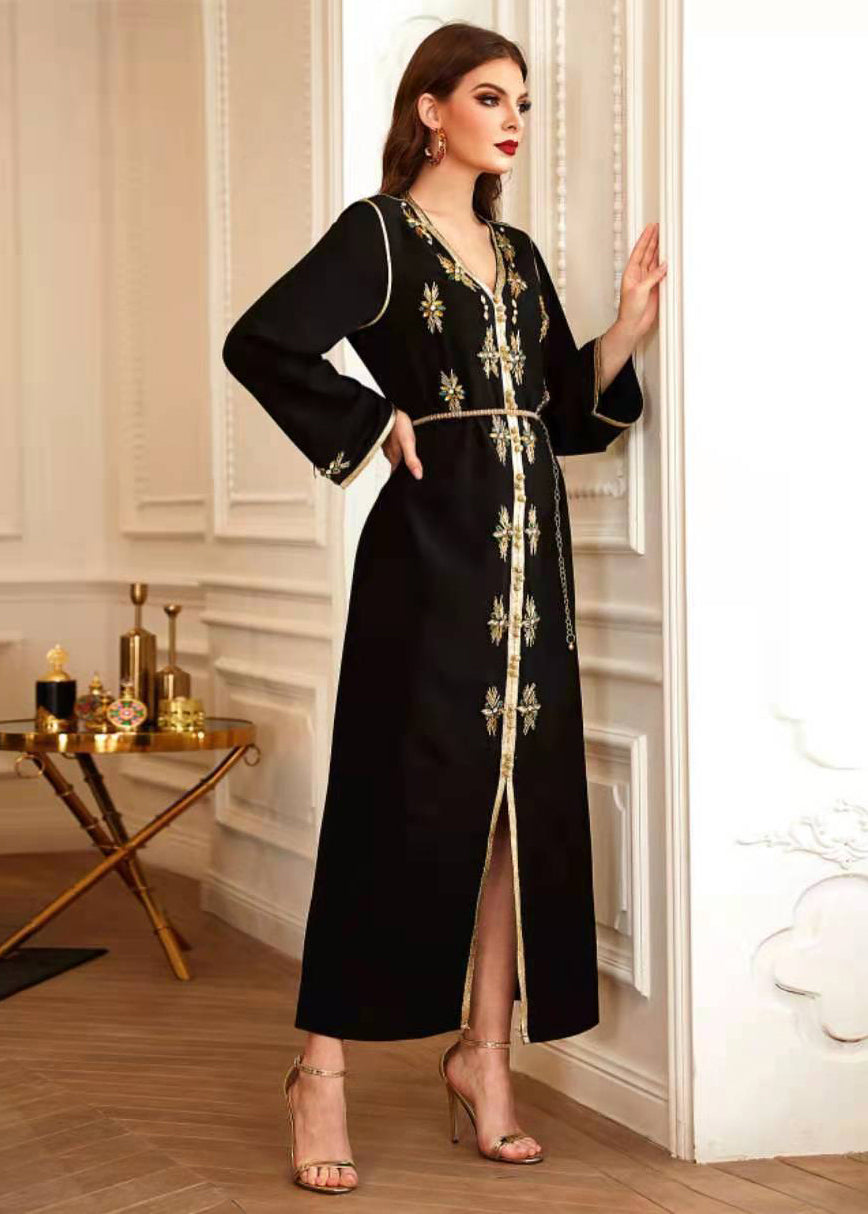 New Black Hand-stitched Phnom Penh V-neck Rhinestone Party Dress
