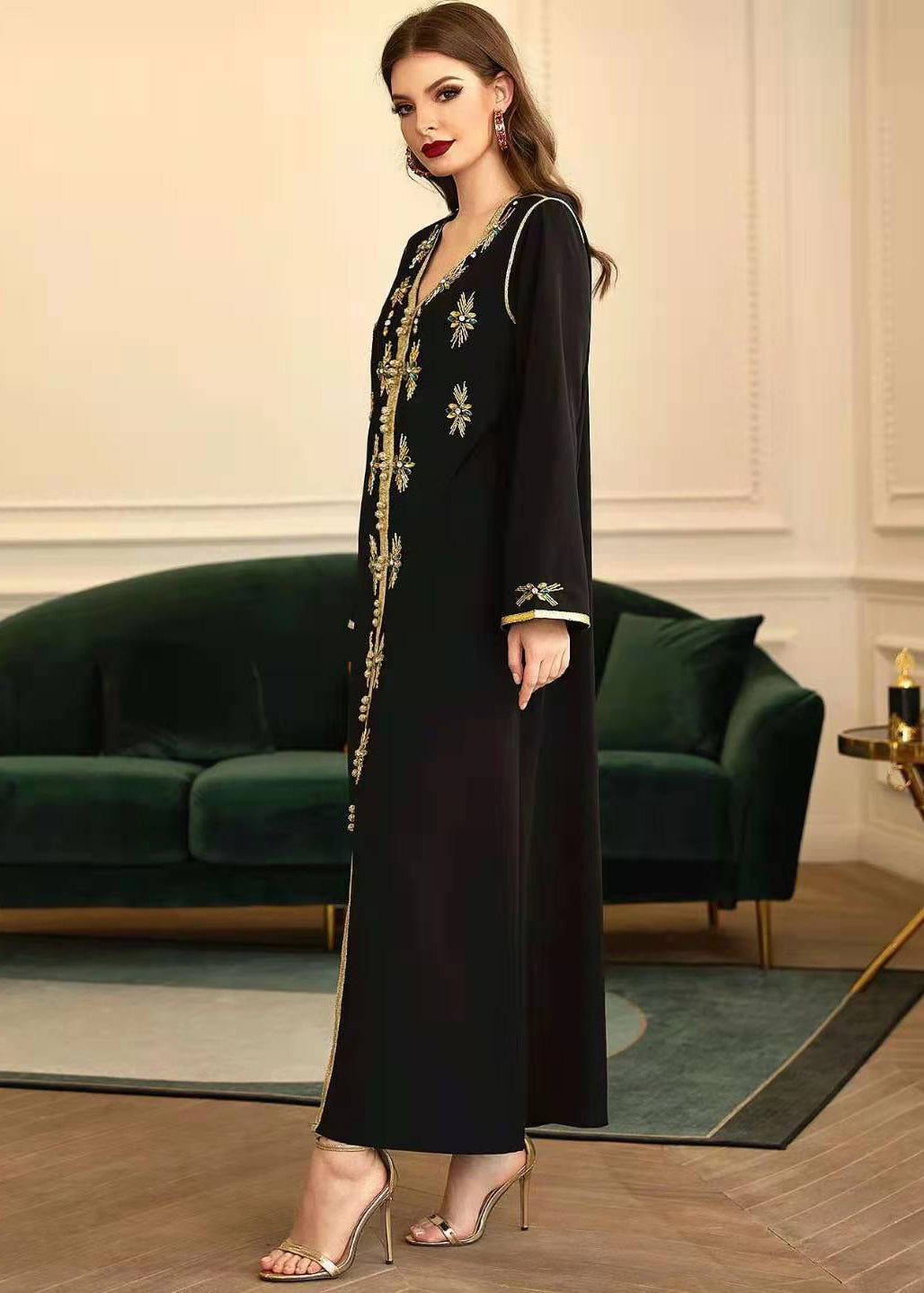 New Black Hand-stitched Phnom Penh V-neck Rhinestone Party Dress