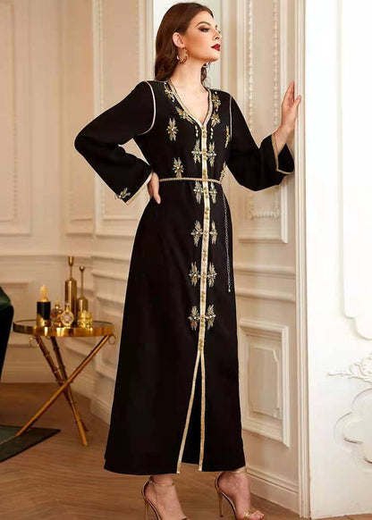 New Black Hand-stitched Phnom Penh V-neck Rhinestone Party Dress