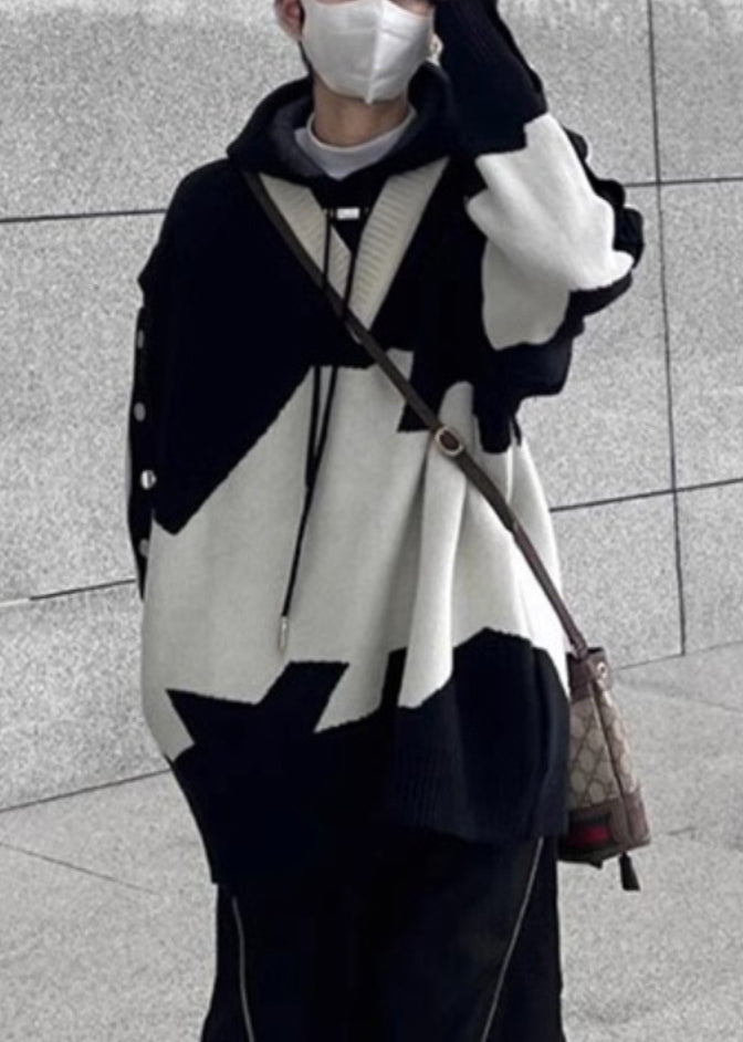 New Black Hooded Cozy Patchwork Knit Sweaters Spring